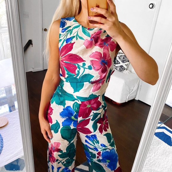 🌺 ZARA BOHO GREEN PINK MULTI SATIN WIDE LEG JUMPSUIT! - Picture 3 of 16